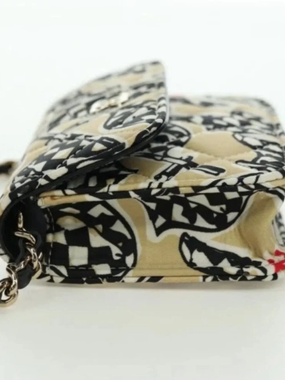 CHANEL Matelasse Checker Flag Chain Pouch Cotton Beige CC Auth YKZ1020SAM